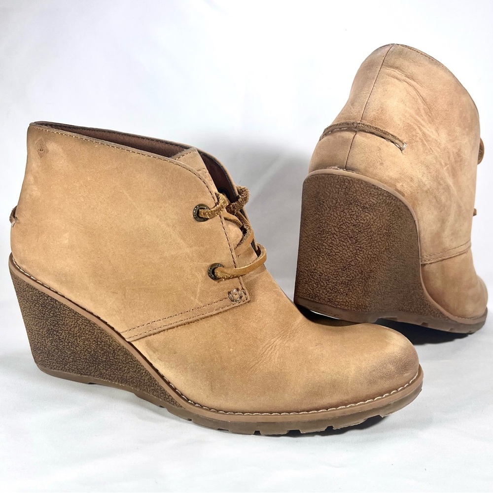 Sperry Top Sider Boots Womens 8 Brown Harlow Wedge Heels Ankle Booties Boho Chic